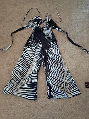Black & White Palm-Print Halter Wide-Leg Jumpsuit
